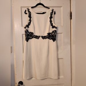 Tahari ASL Midi Dress, Ivory / Cream & Black Lace Sheath Size 14 EUC Lined